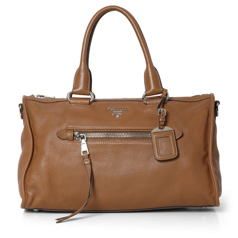 Brown Vitello Phenix Leather Zip Tote Bag