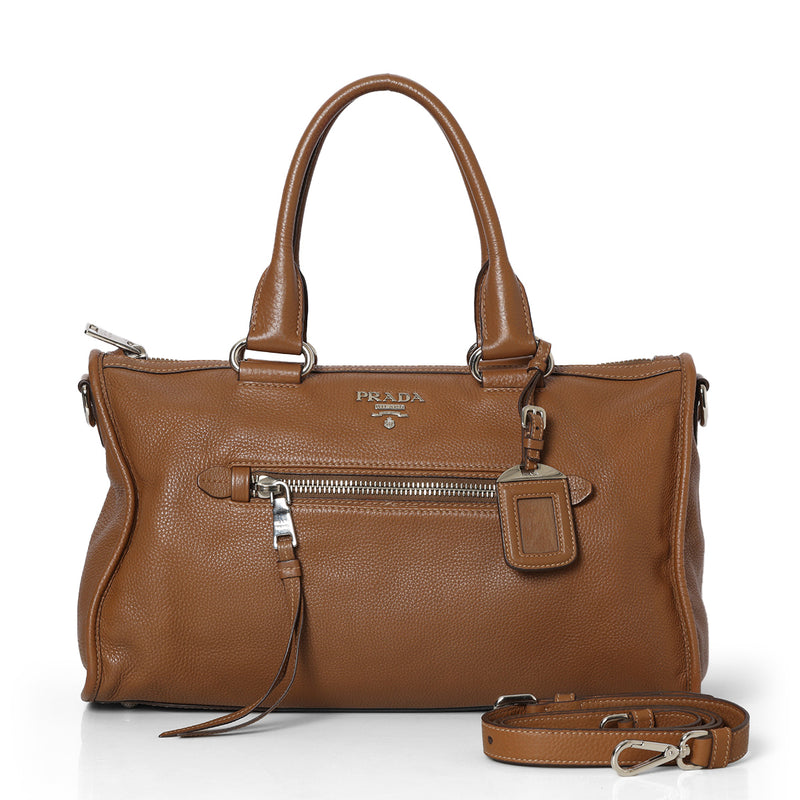 Pre loved Prada Brown Vitello Phenix Leather Zip Tote Bag