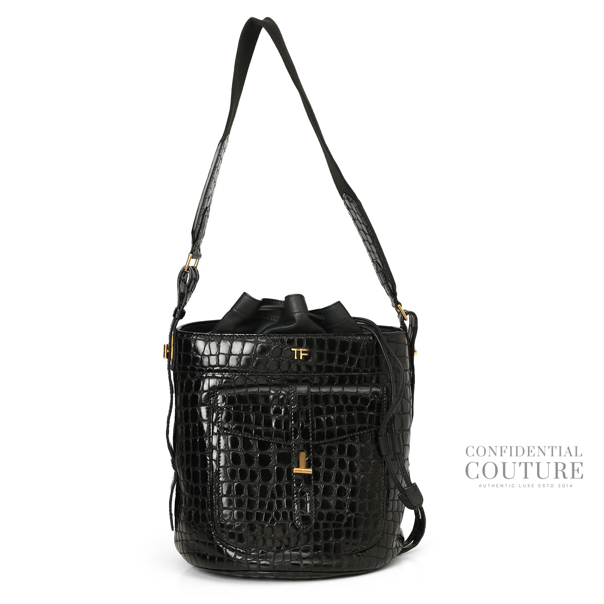 Black Croc-Embossed Hollywood Bucket Bag
