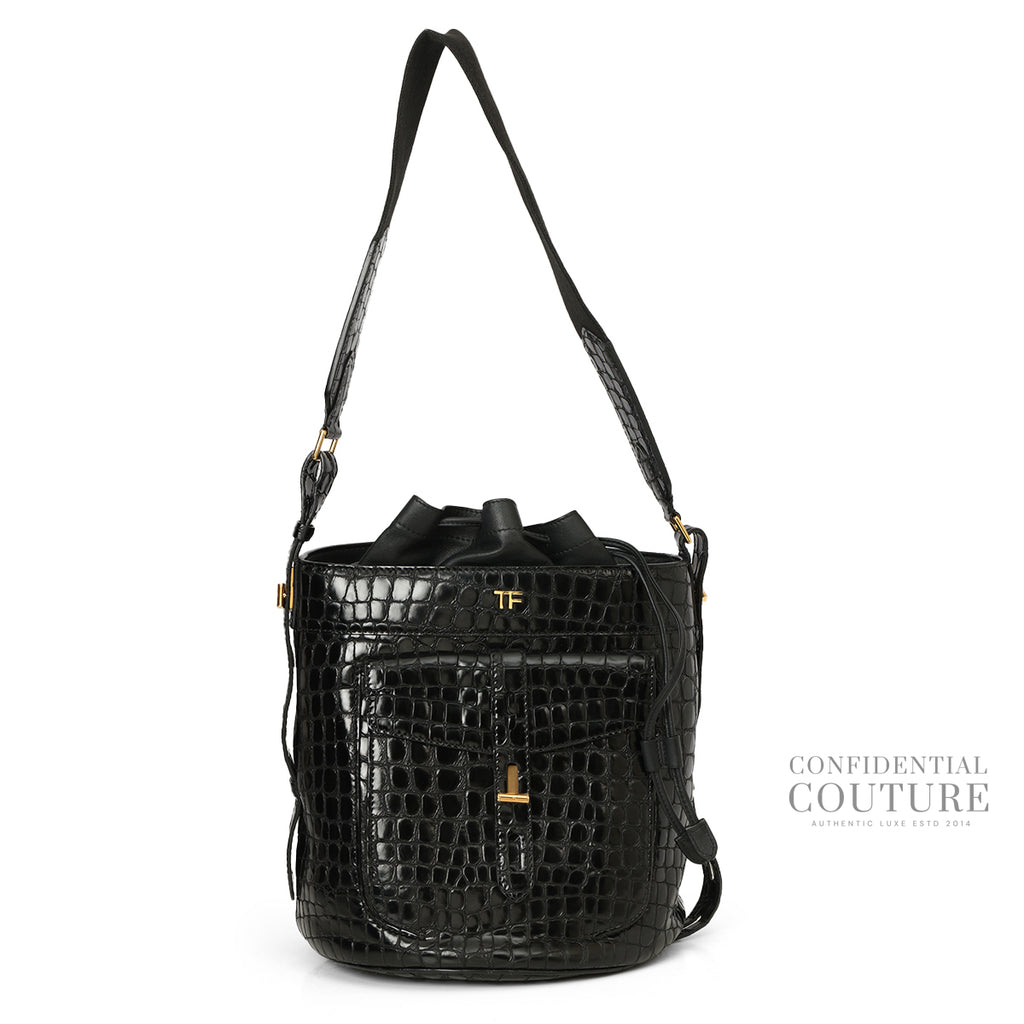 Black Croc-Embossed Hollywood Bucket Bag – Confidential Couture