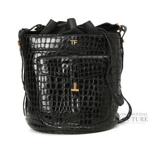 Black Croc-Embossed Hollywood Bucket Bag