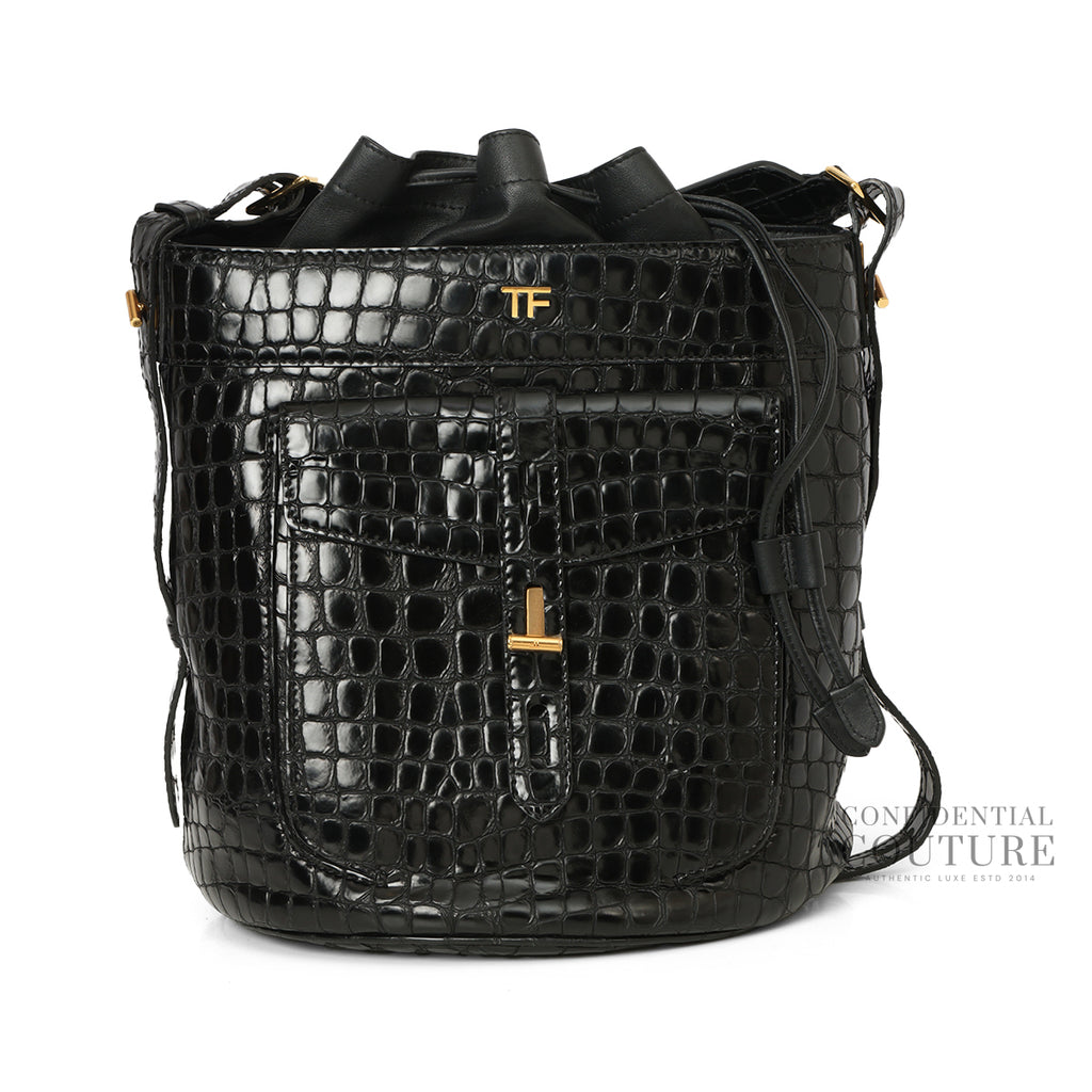 Black Croc-Embossed Hollywood Bucket Bag – Confidential Couture