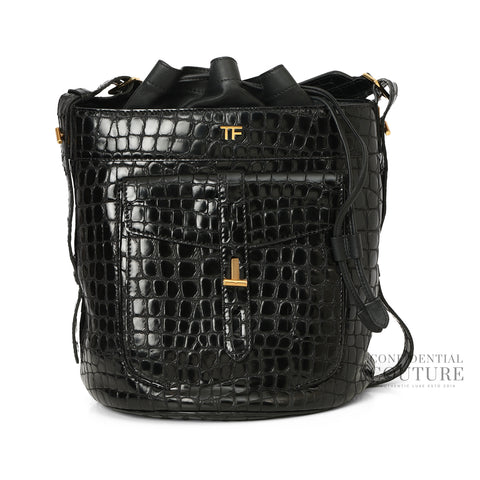Black Croc-Embossed Hollywood Bucket Bag