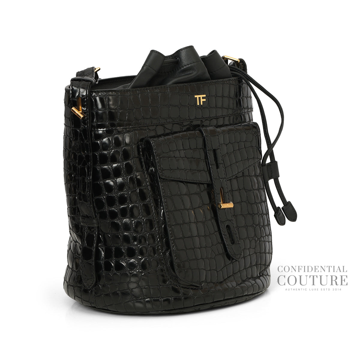 Black Croc-Embossed Hollywood Bucket Bag