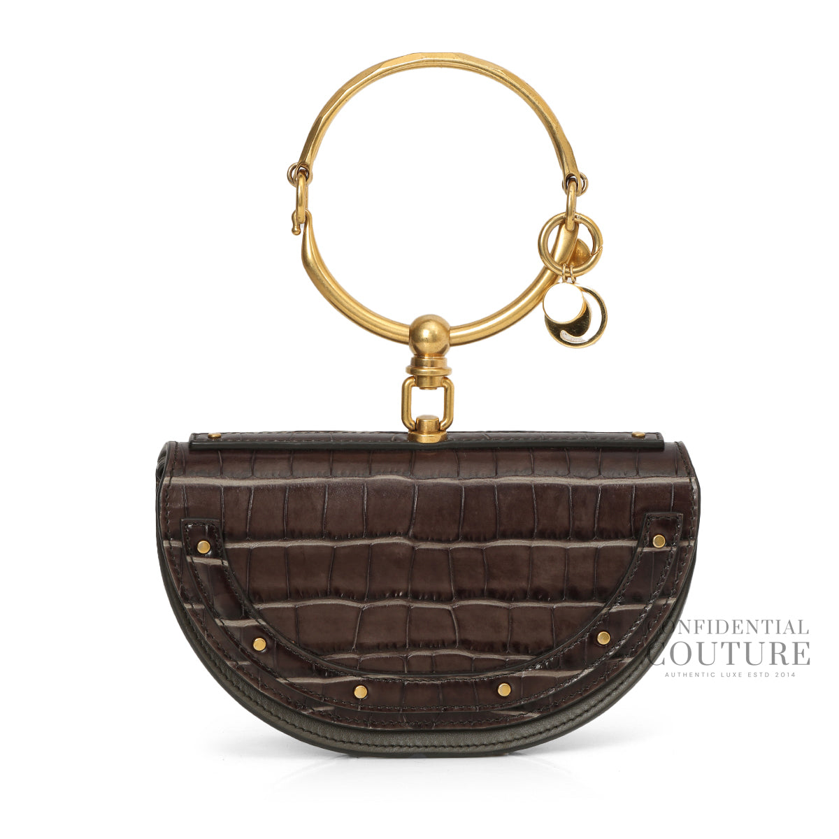 Brown Croc Embossed Small Nile Bracelet Minaudiere Crossbody Bag