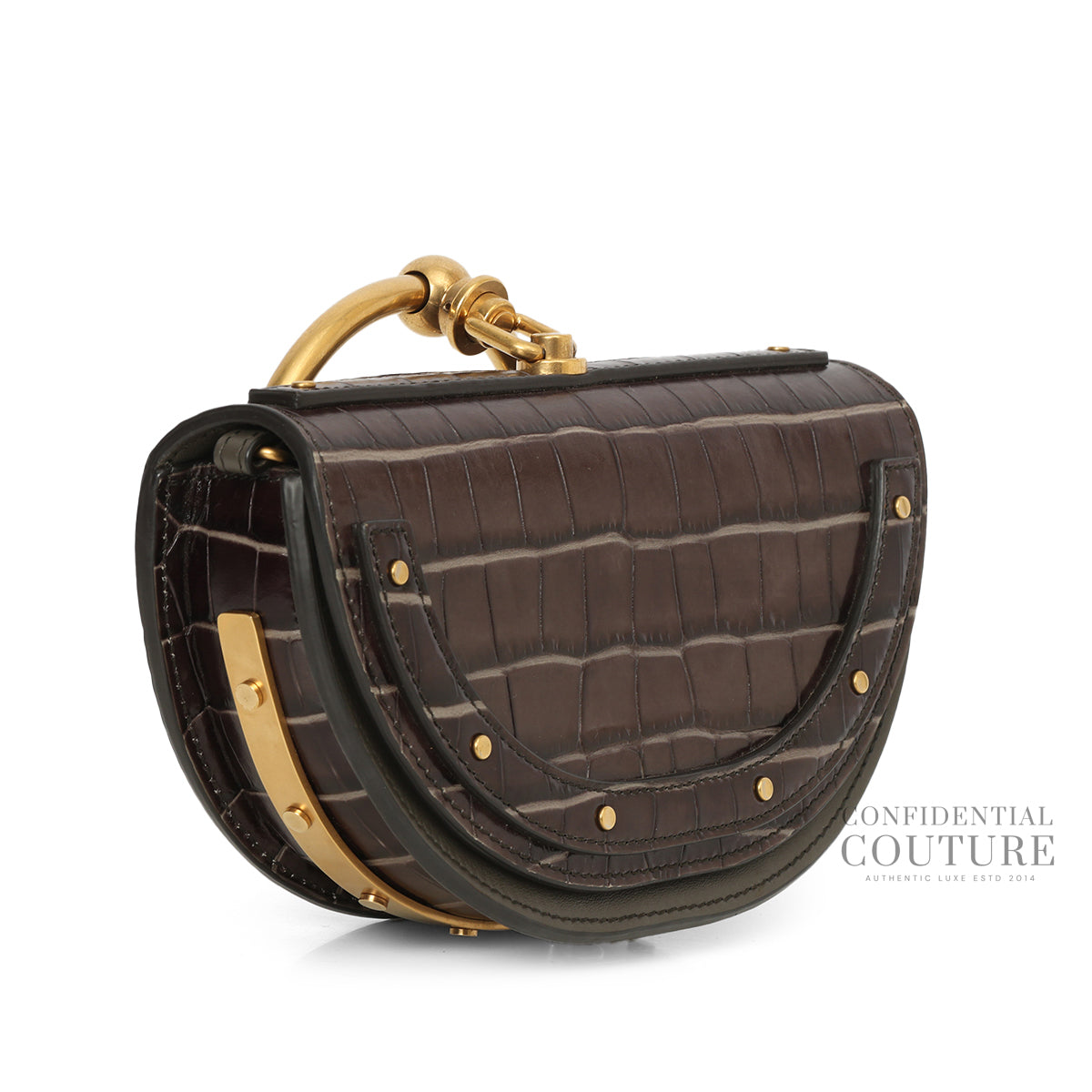 Brown Croc Embossed Small Nile Bracelet Minaudiere Crossbody Bag