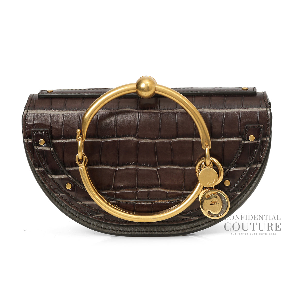 Brown Croc Embossed Small Nile Bracelet Minaudiere Crossbody Bag