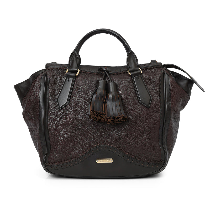 Burberry Burgundy & Brown Brogue Large Leather Tassel Satchel
