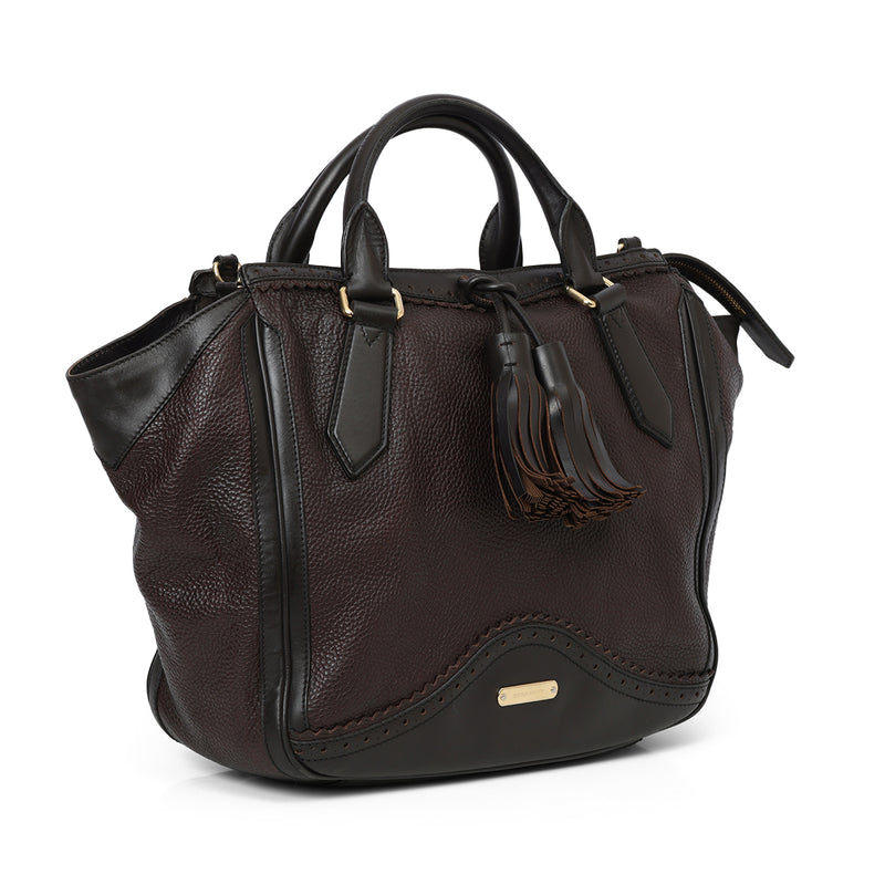 Burberry burgundy & brown brogue large leather tassel satchel women