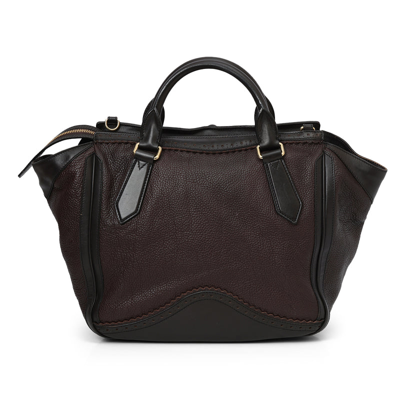 Burberry burgundy & brown brogue large leather tassel satchel sale