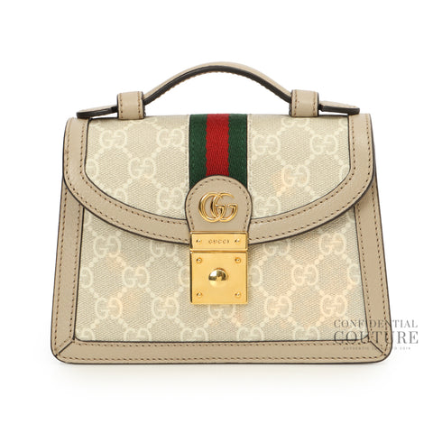 Beige Coated Canvas Ophidia GG Mini Top Handle Bag