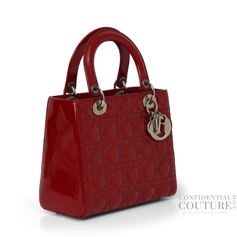 Cherry Red Cannage Quilted Patent Leather Medium Lady Dior Bag