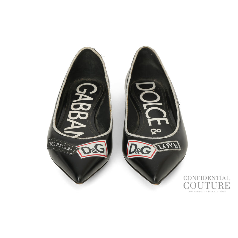 Women Dolce & Gabbana Black Leather L' Amore E' Bellezza Ballet Flats EU 37