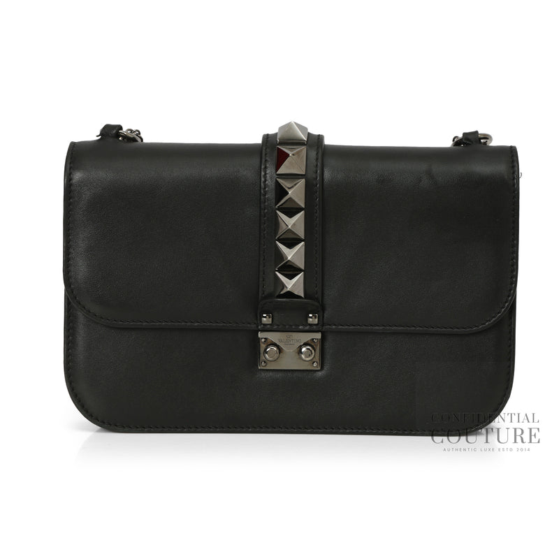 Valentino Black Leather Glam Lock Medium Flap Bag