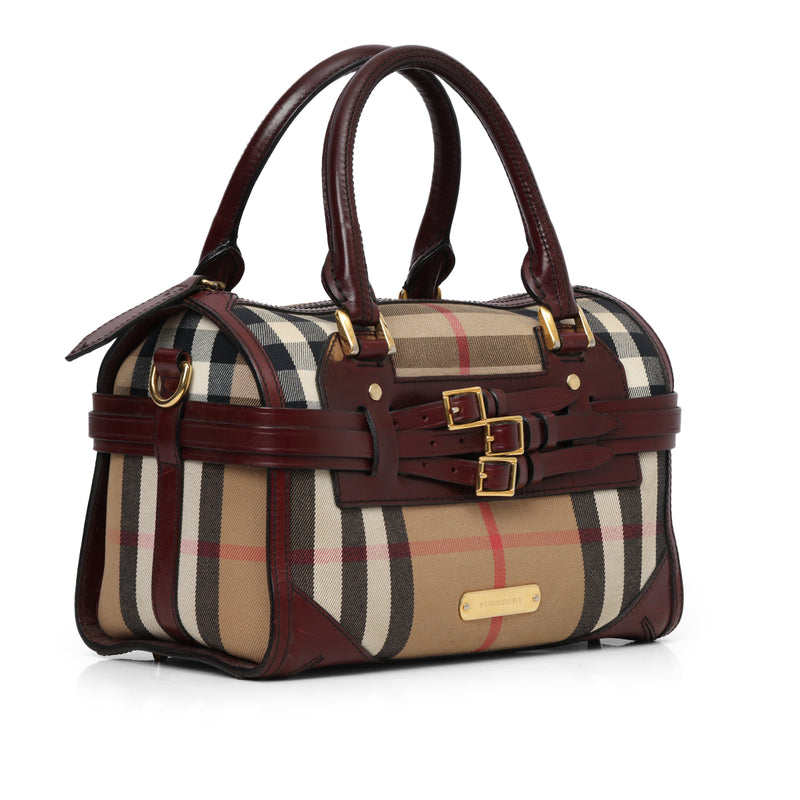 Wine Leather Bridle House Check Canvas Chester Bowling Bag