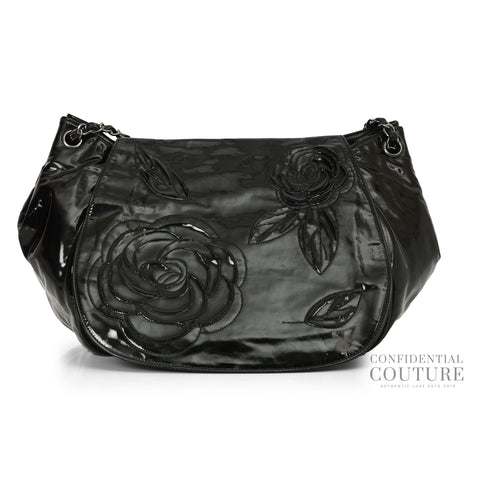 Vintage Black CC Camellia Accordion Flap Bag in Patent leather