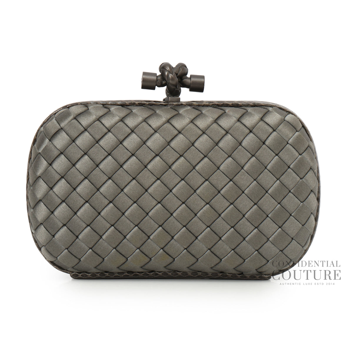 Intrecciato Metallic Grey Satin Knot Clutch