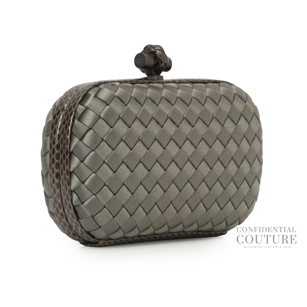 Intrecciato Metallic Grey Satin Knot Clutch