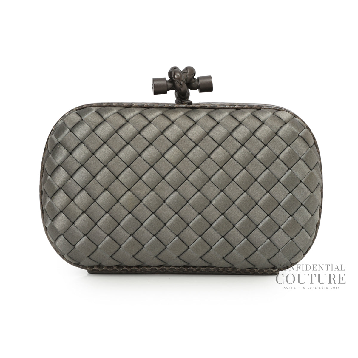 Intrecciato Metallic Grey Satin Knot Clutch
