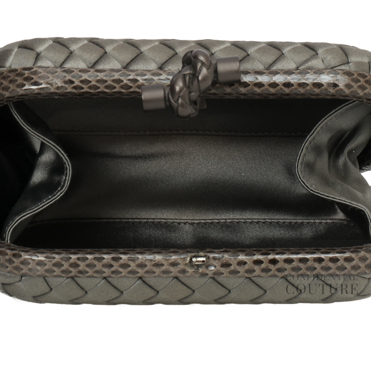 Intrecciato Metallic Grey Satin Knot Clutch