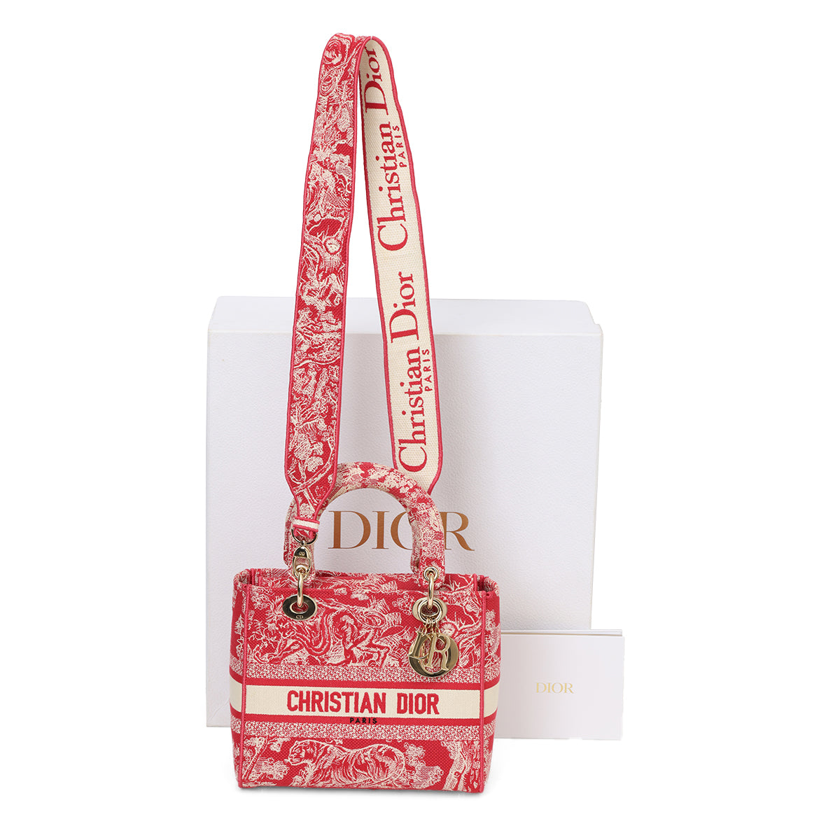 Fuchsia And Ecru Medium Toile De Jouy Lady D-Lite Bag