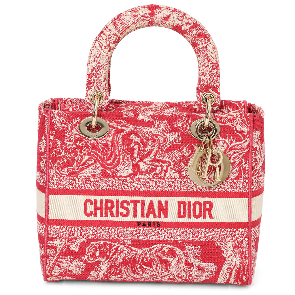 Christian Dior Fuchsia And Ecru Medium Toile De Jouy Lady D-Lite Bag