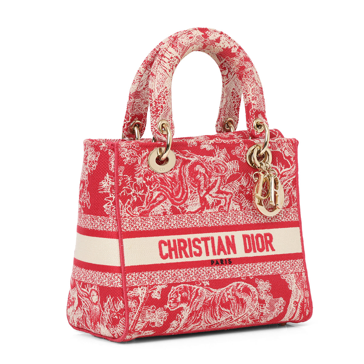 Fuchsia And Ecru Medium Toile De Jouy Lady D-Lite Bag