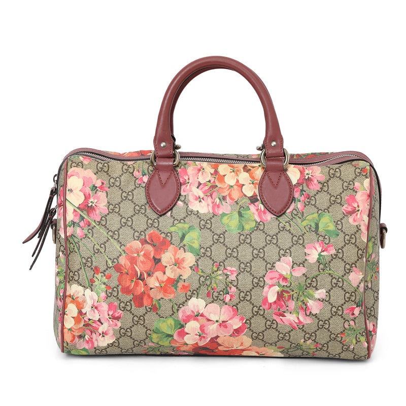 Gucci Maroon and Beige Medium Blooms GG Supreme Top Handle Bag