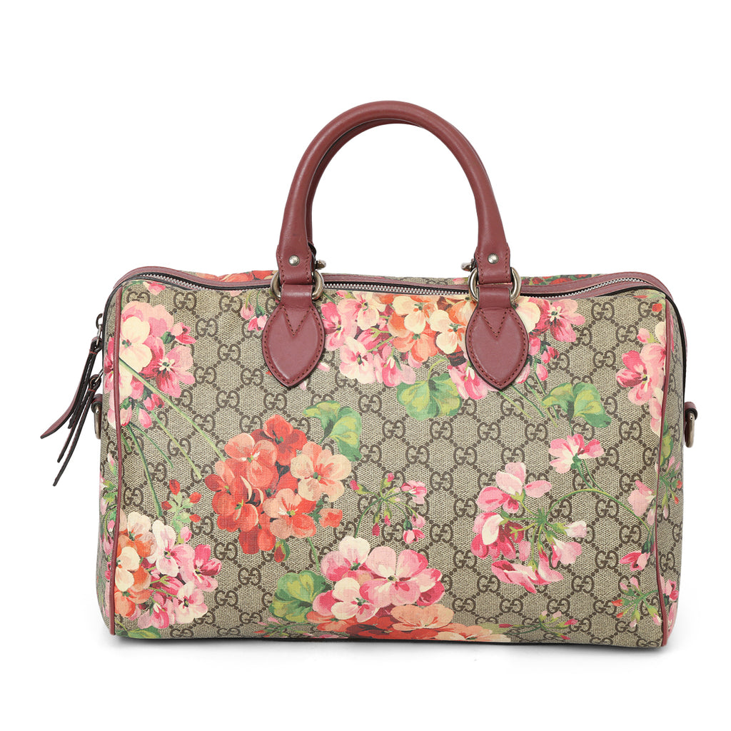 Gucci Maroon and Beige Medium Blooms GG Supreme Top Handle Bag