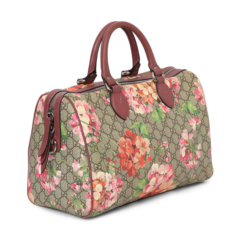 Pre loved Gucci Maroon and Beige Medium Blooms GG Supreme Top Handle Bag