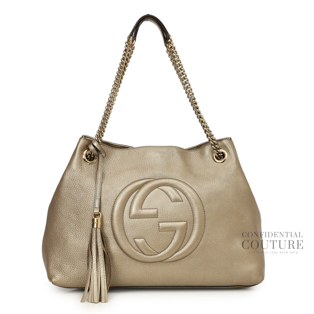 Authentic Pre-Loved — Soho Pebbled Gold Metallic Calfskin Leather Chain Tote Bag — Front View