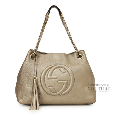 Soho Pebbled Gold Metallic Calfskin Leather Chain Tote Bag