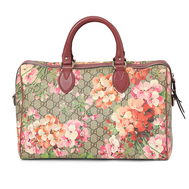 Women pre loved Gucci Maroon and Beige Medium Blooms GG Supreme Top Handle Bag