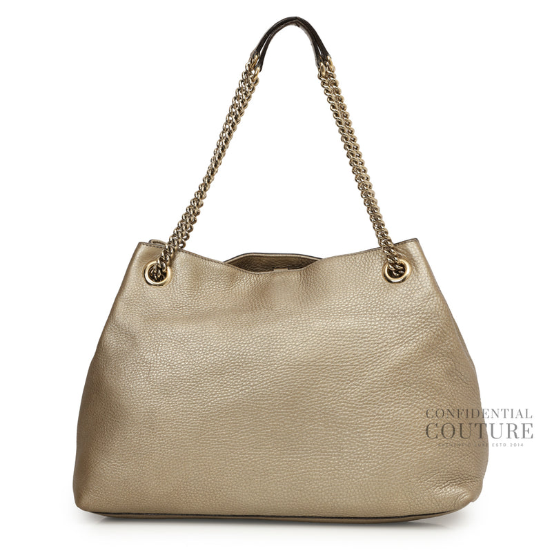 Soho Pebbled Gold Metallic Calfskin Leather Chain Tote Bag