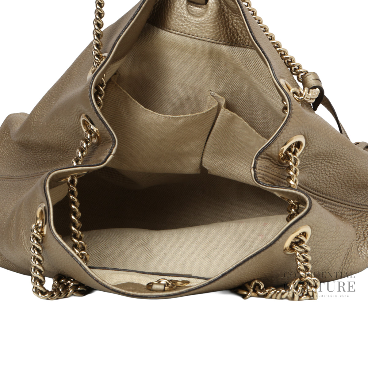 Authentic Pre-Loved — Soho Pebbled Gold Metallic Calfskin Leather Chain Tote Bag — Interior View