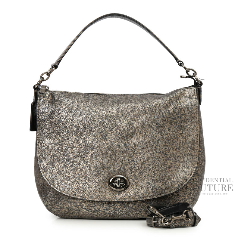 Turnlock Metallic Grey Hobo Bag