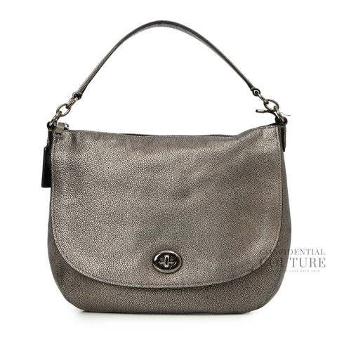 Turnlock Metallic Grey Hobo Bag