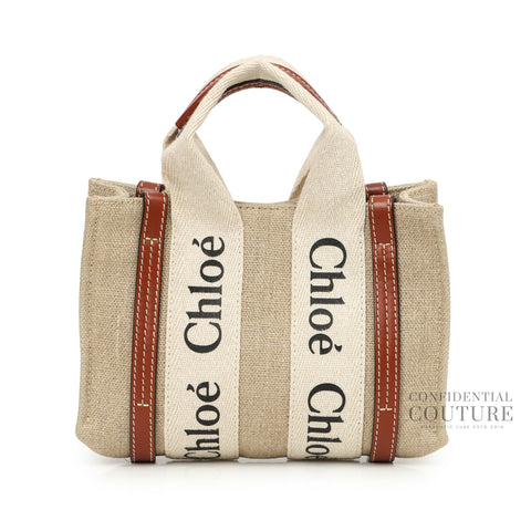 Beige/Brown Mini Woody Tote Bag In Linen