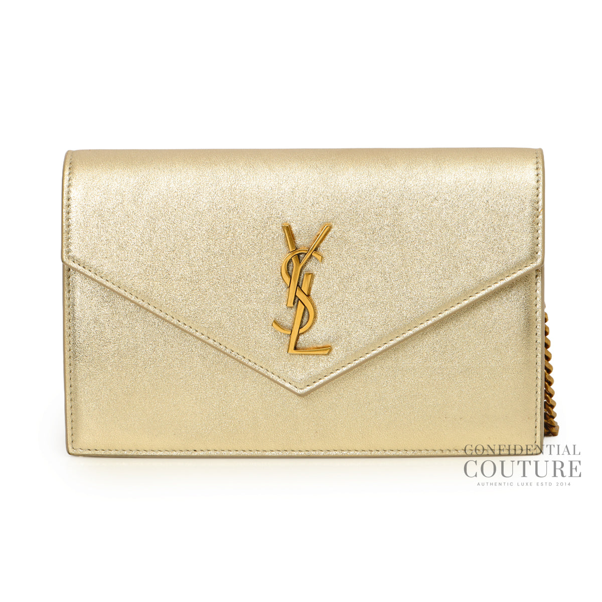 Authentic Pre-Loved — Gold Cassandre Envelope Wallet On Chain Bag — Front View