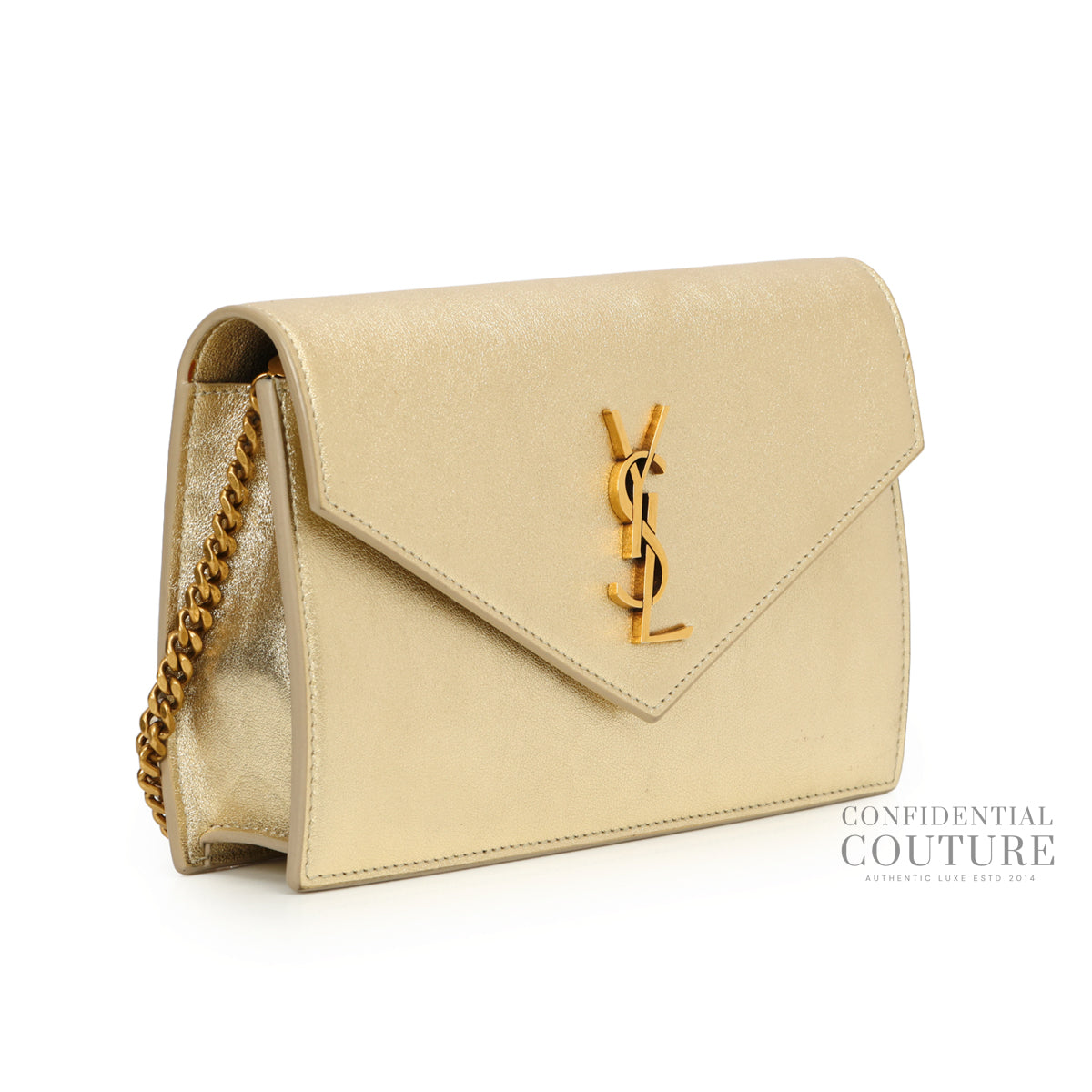Authentic Pre-Loved — Gold Cassandre Envelope Wallet On Chain Bag — Side View