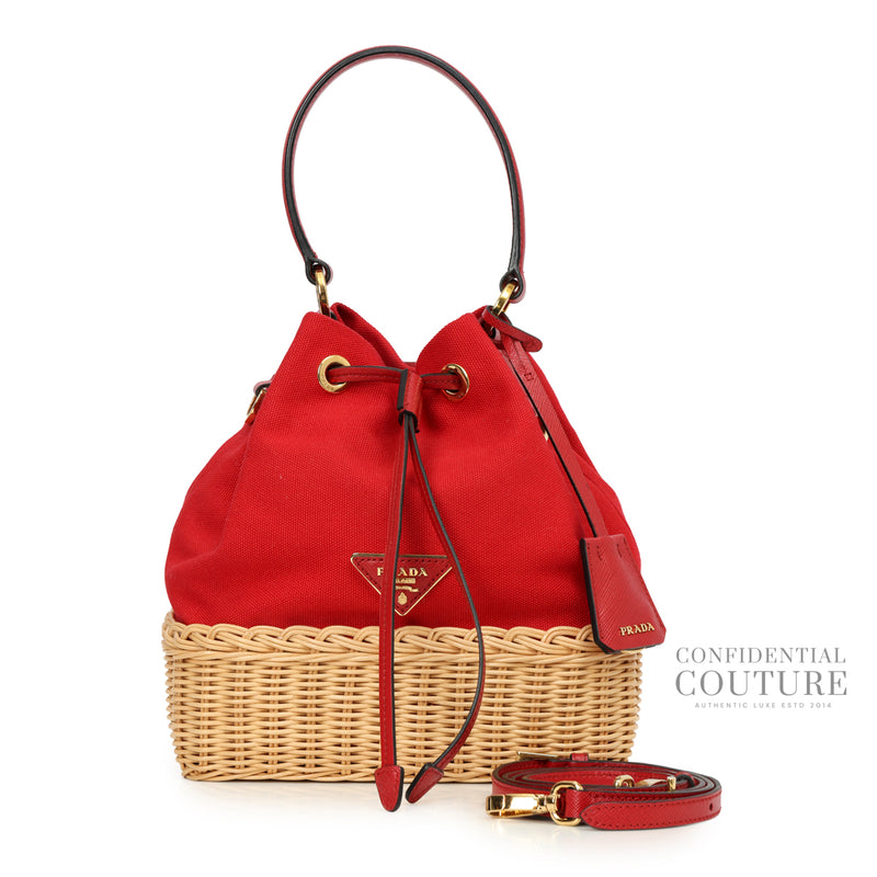 Red and Beige Wicker Bucket Bag