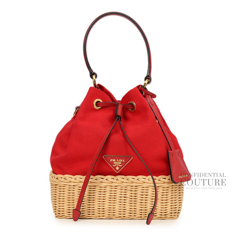 Red and Beige Wicker Bucket Bag