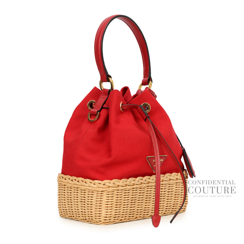 Red and Beige Wicker Bucket Bag