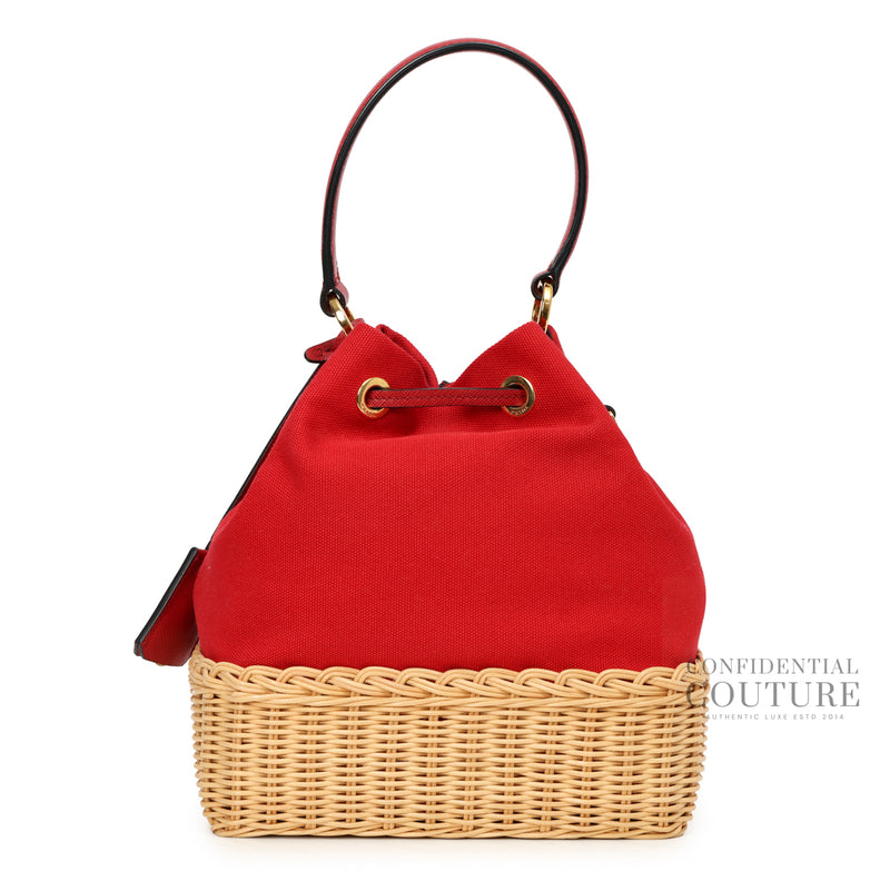 Red and Beige Wicker Bucket Bag