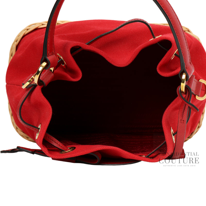 Red and Beige Wicker Bucket Bag