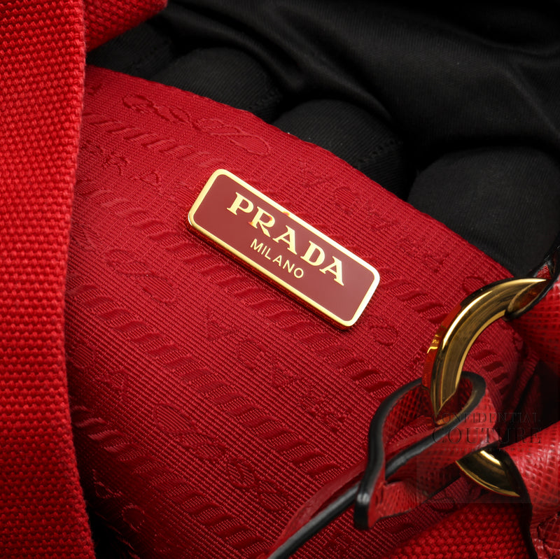 Red and Beige Wicker Bucket Bag