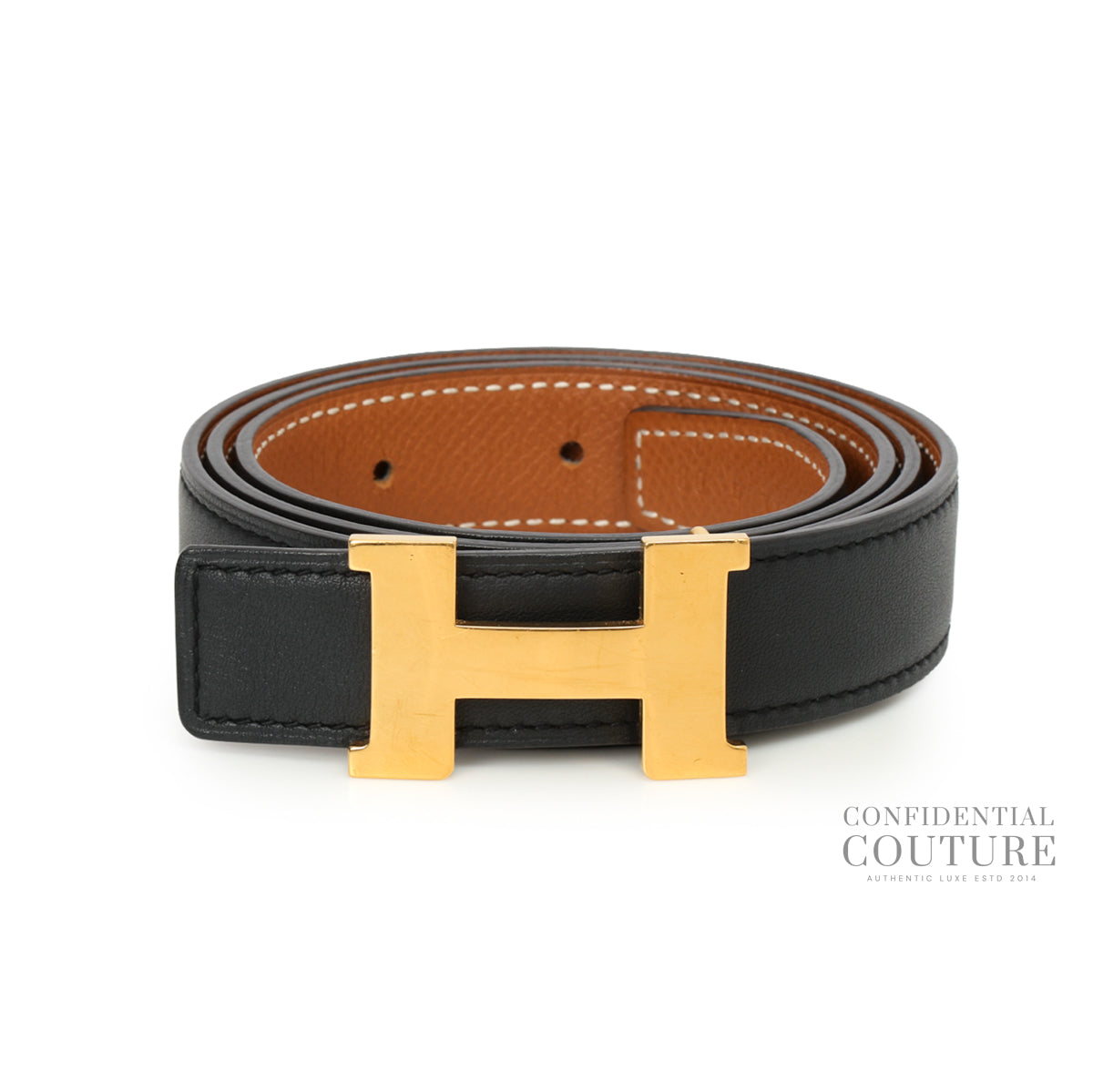 Authentic Pre-Loved — Noir/Gold Swift/Epsom 24 mm Constance Belt- 80 — Front View