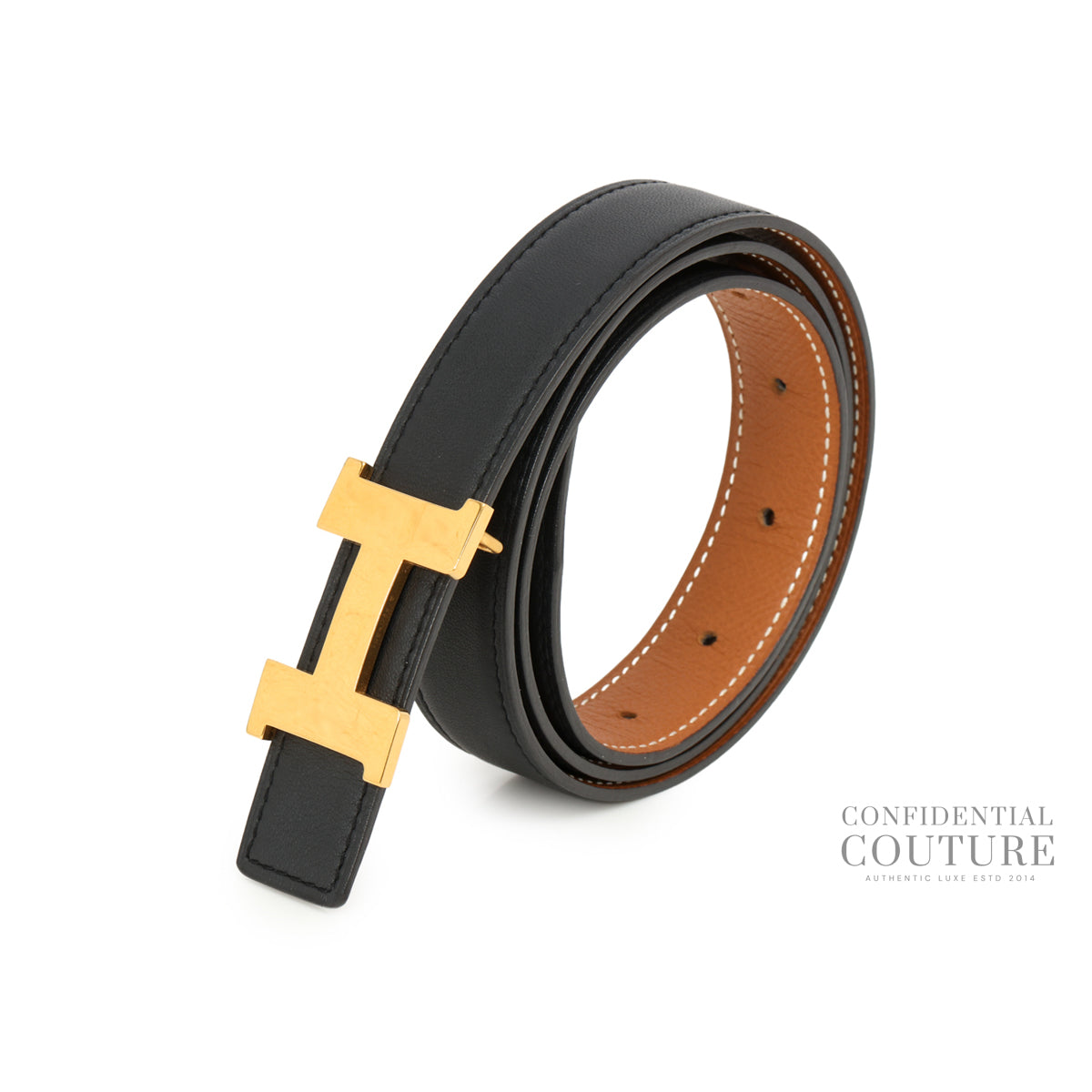 Authentic Pre-Loved — Noir/Gold Swift/Epsom 24 mm Constance Belt- 80 — Side View