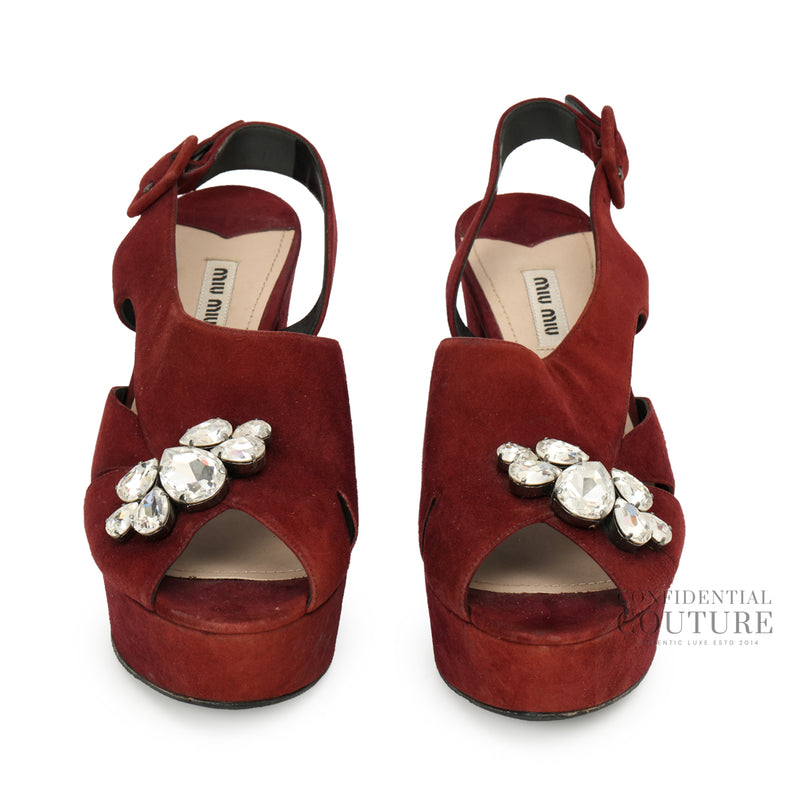 Burgundy Suede Crystal Embellished Platform Block Heel Sandals | EU 39