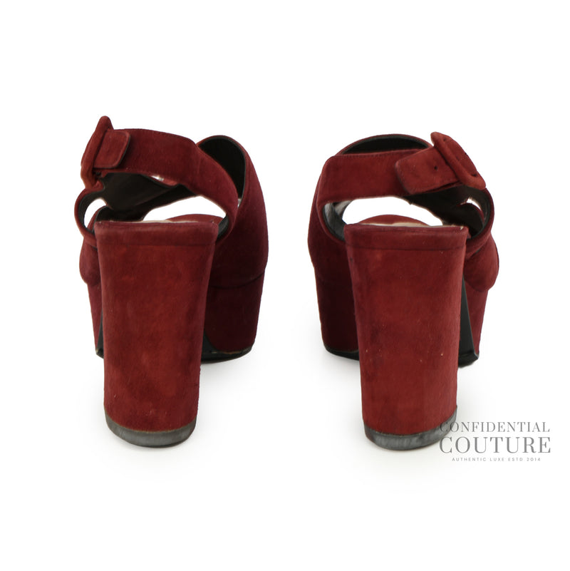 Burgundy Suede Crystal Embellished Platform Block Heel Sandals | EU 39